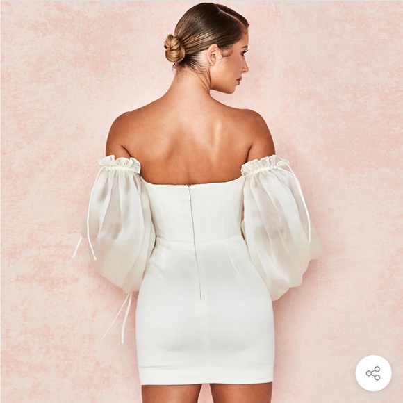 CUTE OFF SHOULDER PUFF SLEEVE BODYCON PARTY MINI DRESS - WHITE - Picture 2 of 4